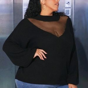 SHEIN FIT+ Plus Contrast Fishnet Mock Neck Drop Shoulder Sweater